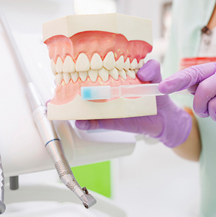 Demonstrating the correct use of tooth brush, on artificial teeth, to keep proper dental hygiene